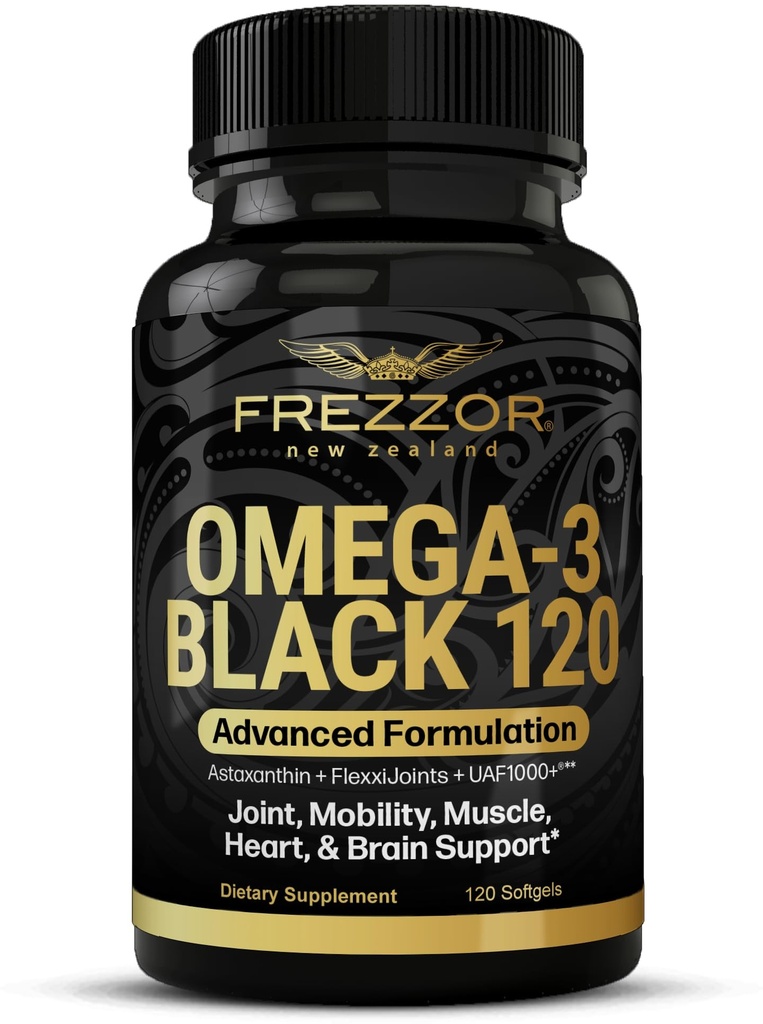 FREZZOR Omega 3 Black - Green Lipped Mussel Oil Capsules, Made in New Zealand, UAF1000+, No Fishy Aftertage, 120 Count (Pack of 1)