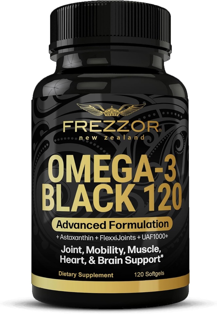 FREZZOR Omega 3 Black - Green Lipped Mussel Oil Capsules, Yeni Zelanda'da Made, UAF1000+, No Fishy Aftertaste, 120 Count (kırda 1)