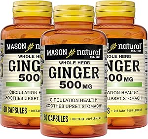 MASON NATURAL Whole Herb Ginger 500 mg, 6 Ay Supply, Natural Herbal Supplement, 60 Capsules (3 Pack)