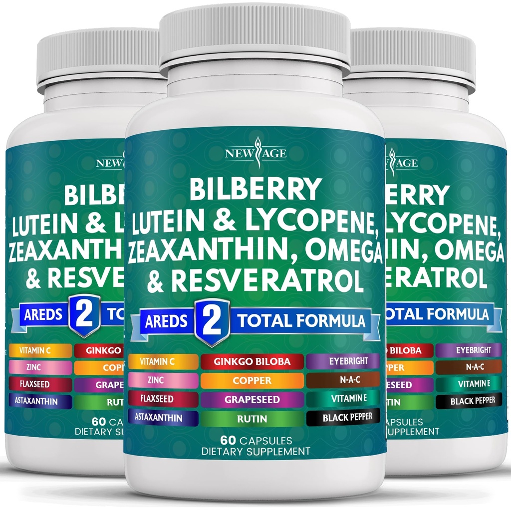 NEW AGE Eye Health Vitamins with Bilberry Lutein & Zeaxanthin Lycopene Resveratrol Grape Seed Astaxanthin - Eye Vitamin - 180 Sayı Kont