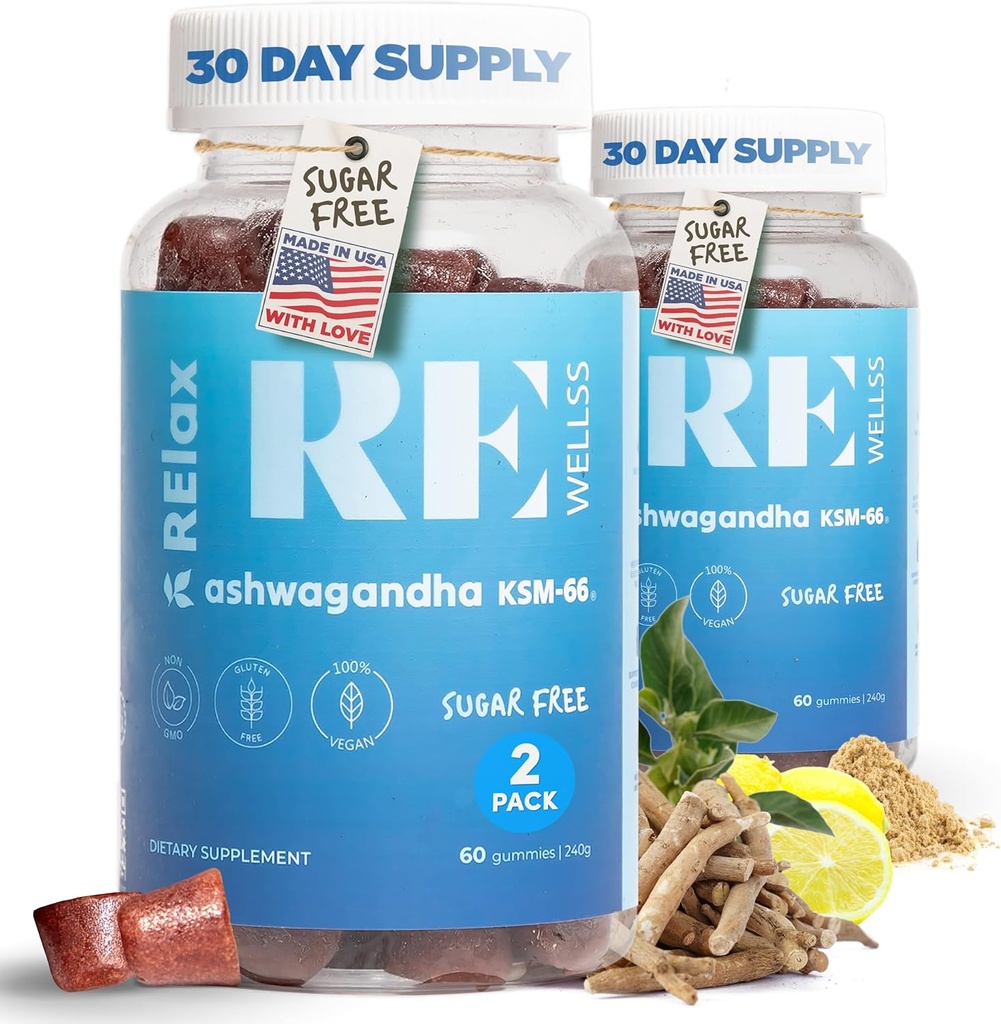 Ashwagandha & Vitamin D Gummies | Diyet Supplements | KSM 66 Ashwagandha for Stress Support 300mg | L-Theanine Lemon Balm | Natural Herbal Non-GMO Sugar Free Gluten & Gelatin Free | 2 Pack