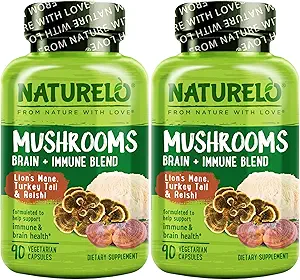 NATURELO Mushroom Supplement – Εγκεφαλική & Ανοσοποιητική Υγεία Με το Lion’s Mane, Reishi, Turkey Tail – 90 Vegan Φιλικές κάψουλες (πακέτο του 2)