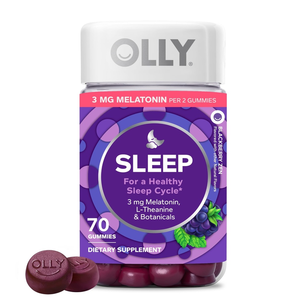OLLY Sleep Gummy, 3 mg Melatonin, L-Theanine, Chamomile, Lemon Balm, Sleep Aid, Blackberry - 70 Kont