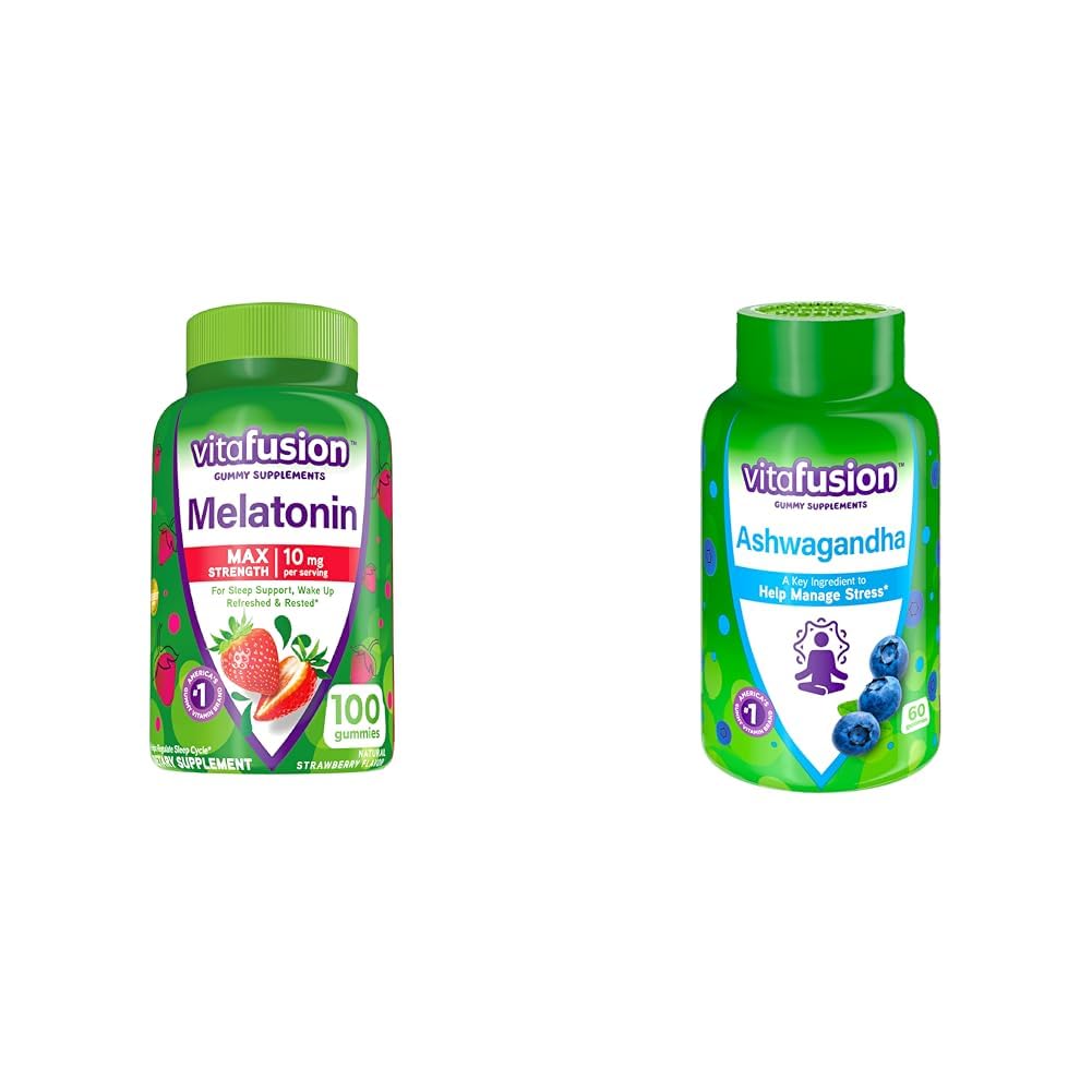 Vitafüzyon Max Strength Melatonin Gummy Supplements, 100 Kont Ashwagandha Gummies, 60 Kont