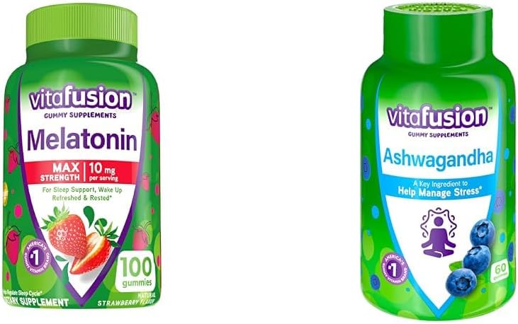 Vitafüzyon Max Strength Melatonin Gummy Supplements, 100 Kont Ashwagandha Gummies, 60 Kont
