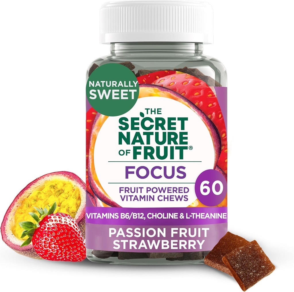 The Secret Nature of Fruit Focus Chews, Real Fruit Support Vitamin Chews with Vitamins B6 & B12, Choline, L-Theanine, Passion Fruit & Strawberry for mental Clarity, Gummy (60 Kont)