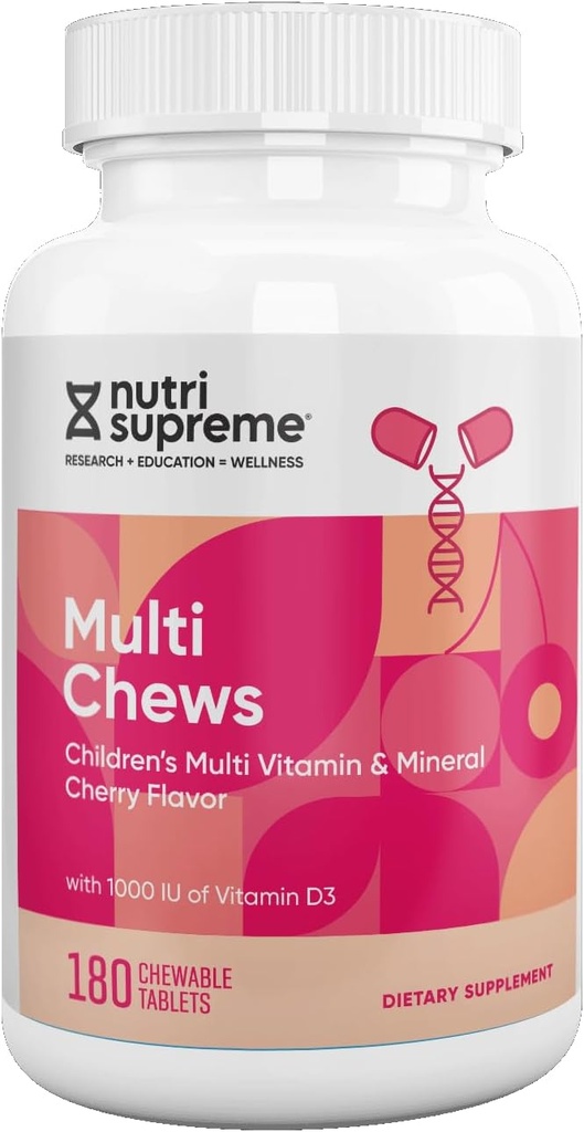 Çocuklar Multivitamin, 180 Vejetaryen Chews - Temel Vitaminler ve Minerallerle Tamamlanan - A, B, C, D3, Kalsiyum, Demir, Folic Asit, çinko – Cherry Flavor