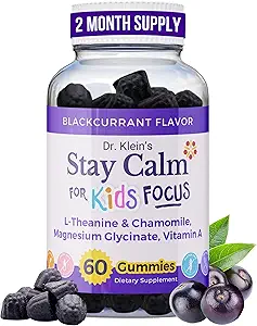 Dr. Klein's Stay Calm Kids Gummies – Magnezyum Glycinate + Vitamin A, L-Theanine, Chamomile Extract - Focus & Calm for Ages 5+ – Magnezyum Gummies for Kids- CountBlack Currant, Zero Sugar, 60