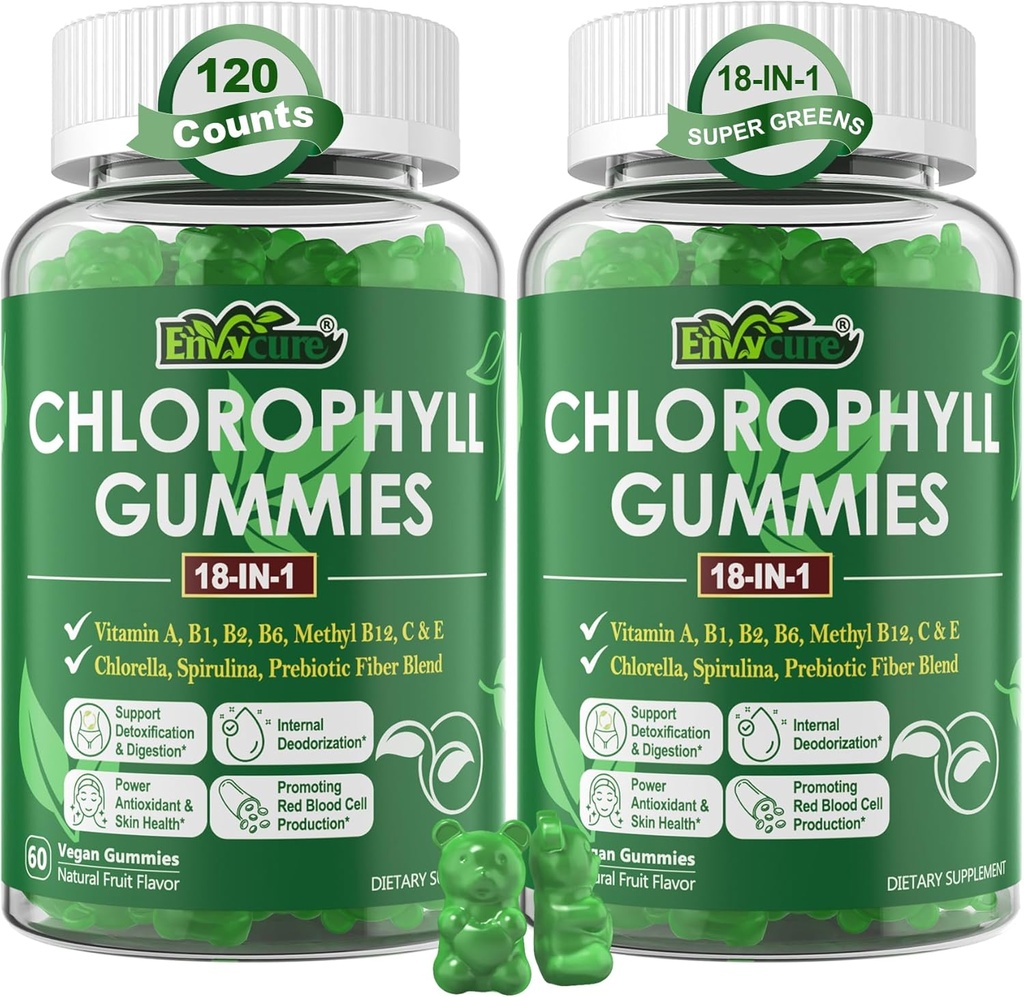 Chlorophyl Gummies, Super Green 18-IN-1 με οργανική Chlorella Spirulina, Grass σιταριού, μαγνήσιο, προβιοτικές ίνες για εσωτερική αποσμητικό*, Comfort Digestion, Μεταβολισμός, Implume, φρέσκο σώμα Odor, 2Packs