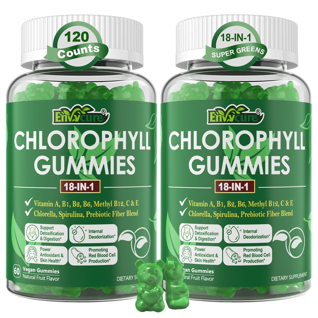 Chlorophyll Gummies, Super Green 18-IN-1 with Organic Chlorella Spirulina, Wheat Grass, Magnesium, Prebiotic Fiber for Internal Deodorant*,Comfort Digestion, Metabolism,Immune, Fresh Body Odor, 2Packs