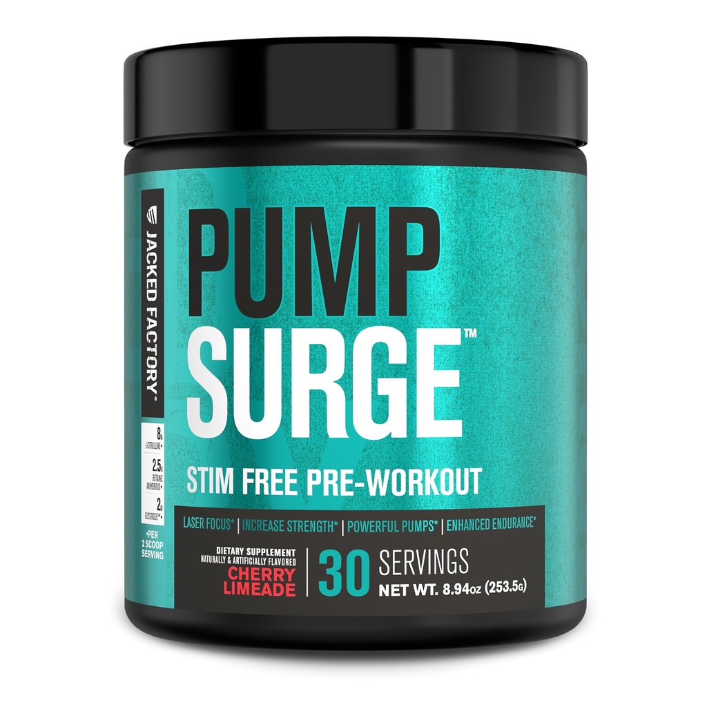 Jacked Factory Pumpsurge Caffeine Free Pre προπόνηση για άνδρες και γυναίκες - Nootropic Booster & Stim Δωρεάν προπόνηση - Έντονες αντλίες, Enhanced Focus - 30 εξυπηρετούν, Cherry Limeade