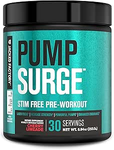 Jacked Factory Pumpsurge Caffeine Free Pre Workout for Men & Women - Nootropic Booster & Stim Free Pre Workout - Intense Pumps, Enhanced Focus - 30 Servings, Cherry Limeade