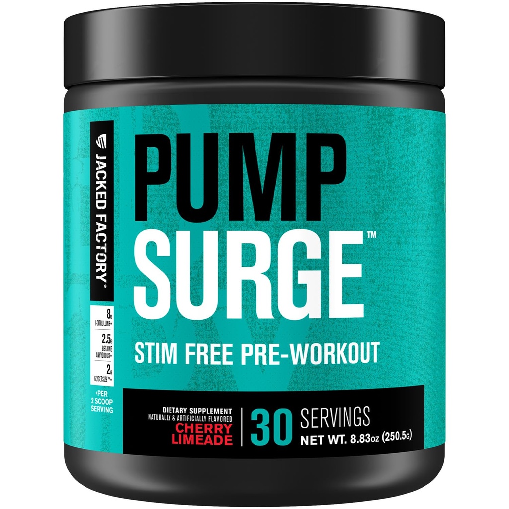 Jacked Factory Pumpsurge Caffeine Free Pre Workout for Men & Women - Nootropic Branson & Stim Free Pre Workout - Intense Pumps, Advancedd Focus - 30 Hizmet, Cherry Limeade
