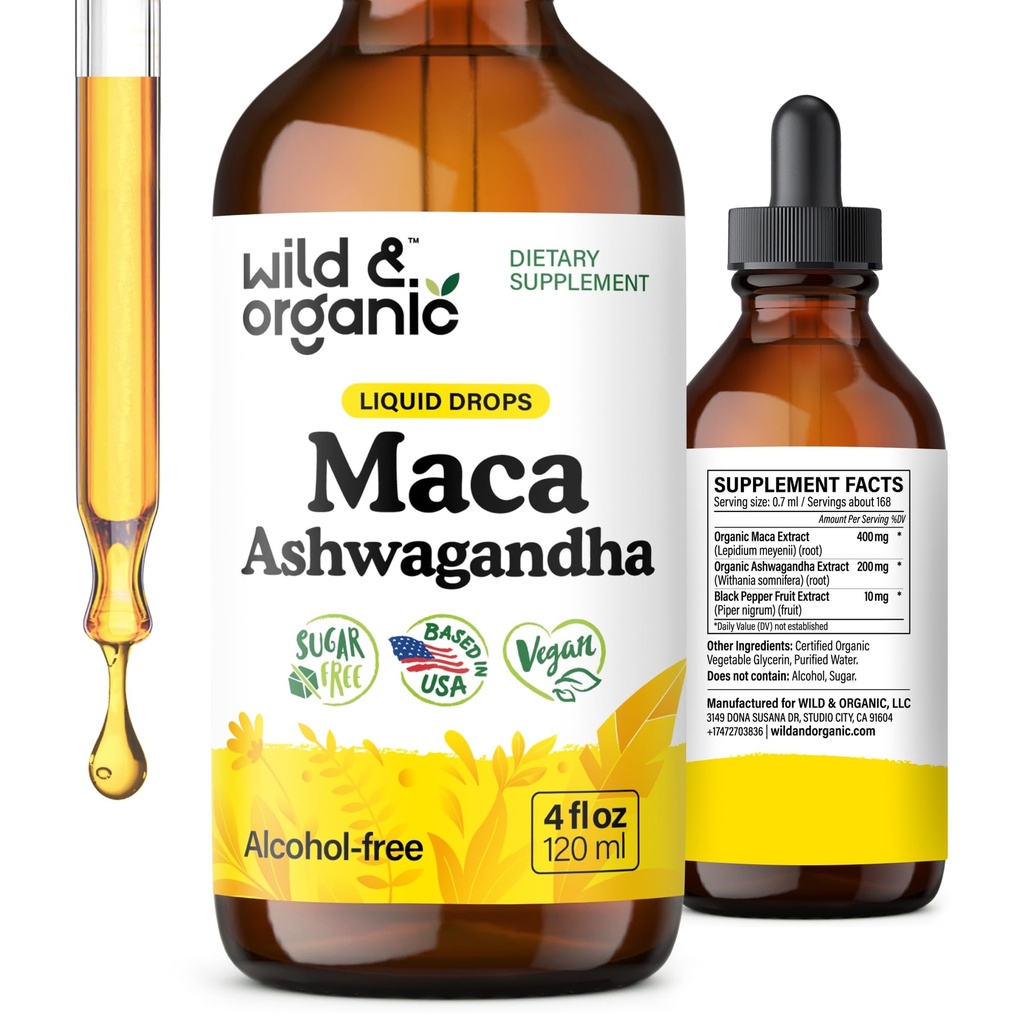 Wild & Organic Maca Root Ashwagandha σταγόνες για άνδρες και γυναίκες - Liquid Maca Ashwagandha συμπλήρωμα για τη συνολική υποστήριξη - Περουβιανό εκχύλισμα βάμμα - Vegan, ζάχαρη & αλκοόλ-ελεύθερο - 4 fl oz