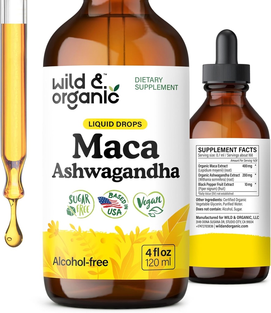 Wild & Organic Maca Root Ashwagandha Drops for Men and Women - Liquid Maca Ashwagandha Supplement for General Support - Peruvian Extract Tincture - Vegan, Sugar & Alkol-Free - 4 fl ozzz
