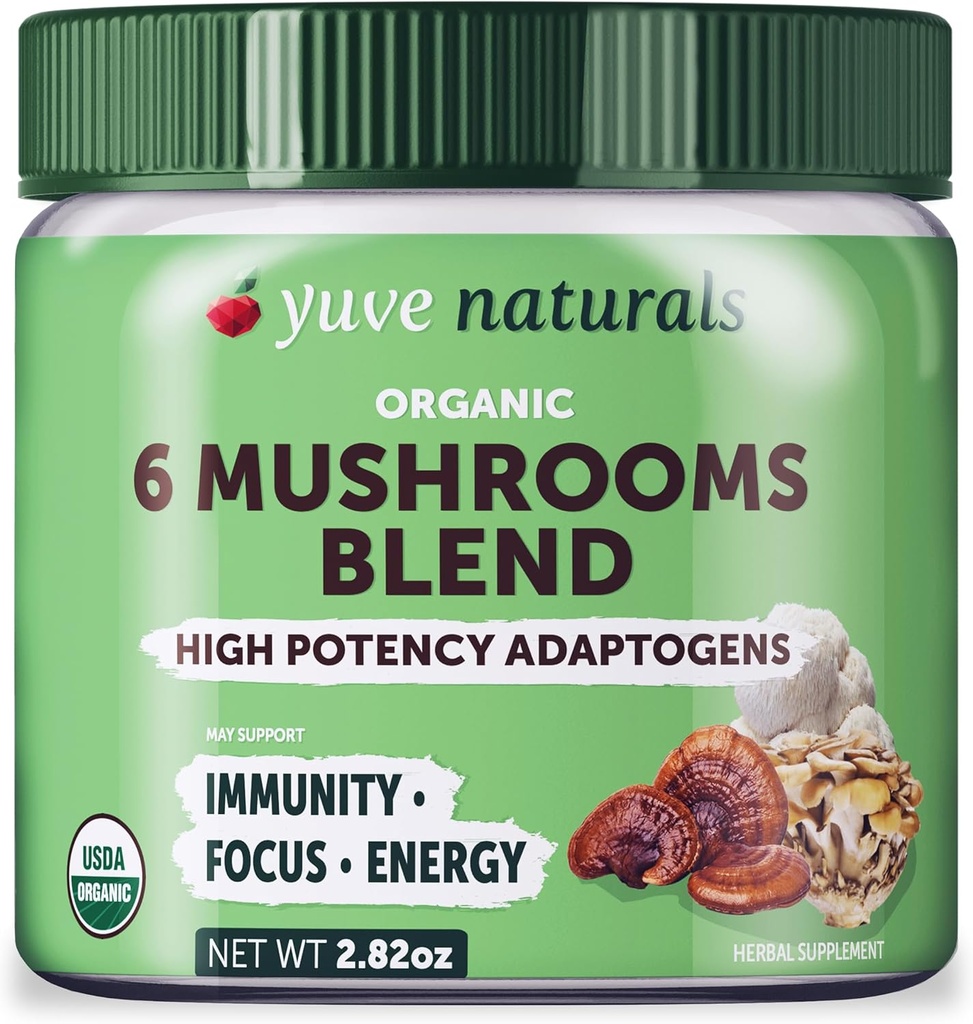 Yuve 6 Organik Mushroom Ekstra Toz - Reishi, Chaga, Lions Maine, Maitake, Cordyceps - Çaya Ekle, Kahve, Smoothies - Enerji Desteği & Immune Savunması - 2.82oz