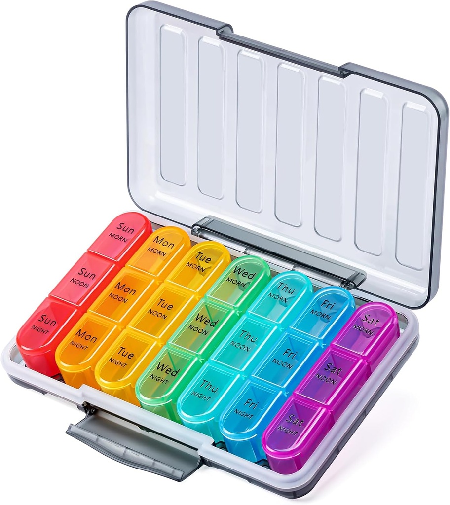 Odaro Pill Organizer 3 Times bir gün - Haftalık Portreatif Tıp Kutusu 7 ayrı konteynerle, Seyahat 7 Günü Pill Box, Black