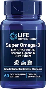 Life Extension Super Omega-3 EPA/DHA Fish Oil, Sesame Lignans & Olive Extract – Heart Health, Brain Health, Inflammation Health Support, Gluten-Free, Enteric-Coated, Non-GMO, 60 Softgels
