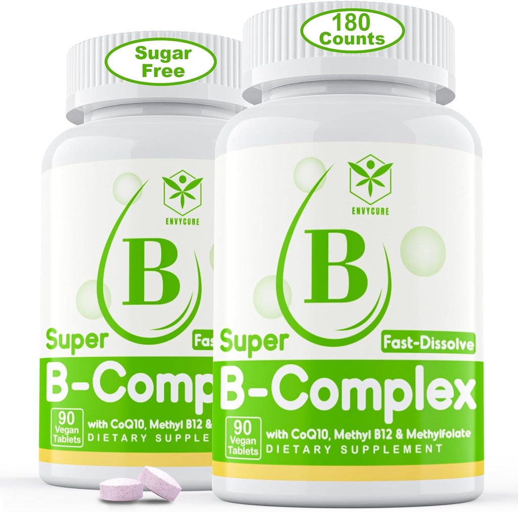 Sugar Free Vitamin B Complex with Methyl B12, MethylFolate, B6, B1, B2, B3, Fast Dissolve Highly Bioavailable Methylated B Complex Supplement for Energy Levels, Neural System, Vegan,180 Tablets