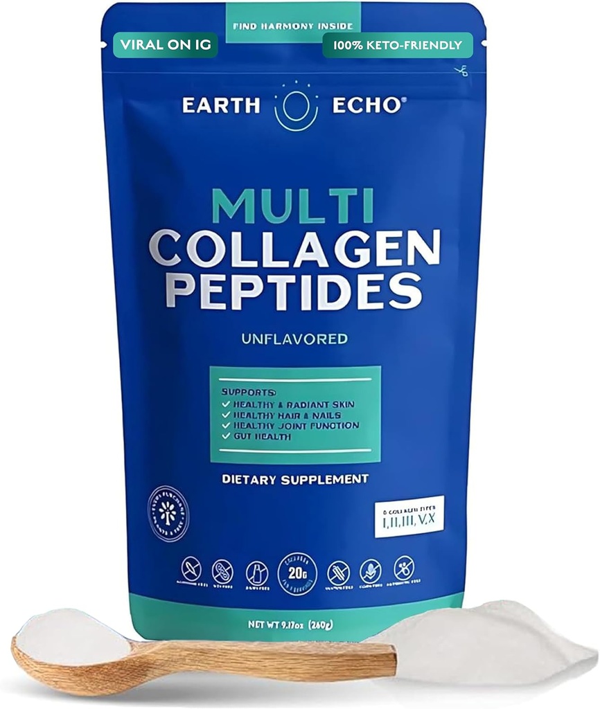 Earth Echo Multi Collagen Peptides, Hydrolyzed Collagen with Vitamin C and Hyaluronic Acid, υποστηρίζει Radiant Skin, Healthy Joints, Gut Health and Immune Function, Dairy-Free, 26 Υπηρεσίες