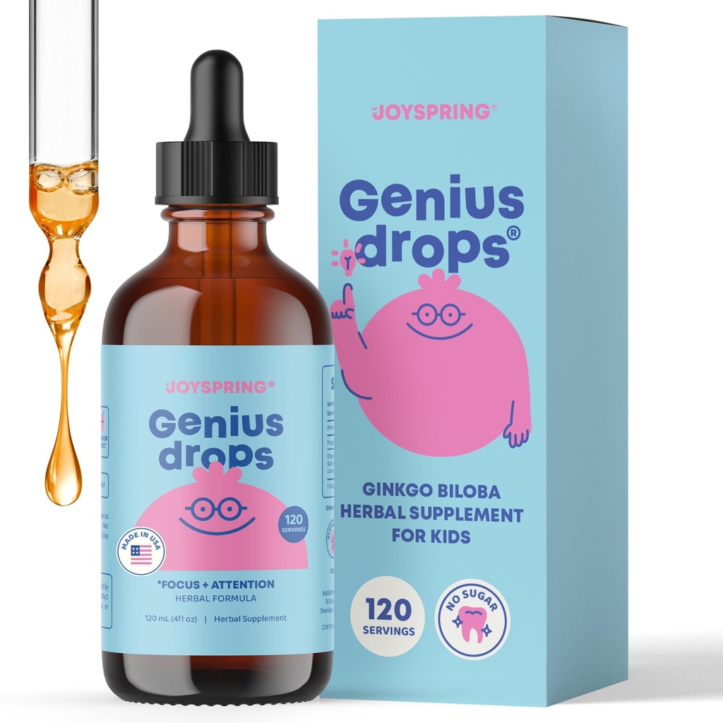 JoySpring Genius Drops - Çocuklar için Organik Focus Drops | Klinik olarak Proven Focus Supplement Helps Çocuklar Okulda Daha İyi performans | Sıvı Herbal Supplement with Ginkgo Biloba (4 fl oz) 120 Servisler