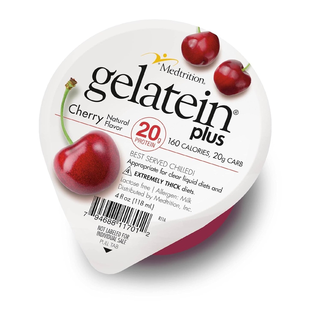 Ζελατιίνη Plus Cherry: 20 γραμμάρια πρωτεΐνης. Ιδανικό για διαυγείς δίαιτες υγρών, δυσκολίες κατάποσης, αιμοκάθαρση και ογκολογία. Ωραίο προ-εργασίας σνακ. (12 συσκευασία)