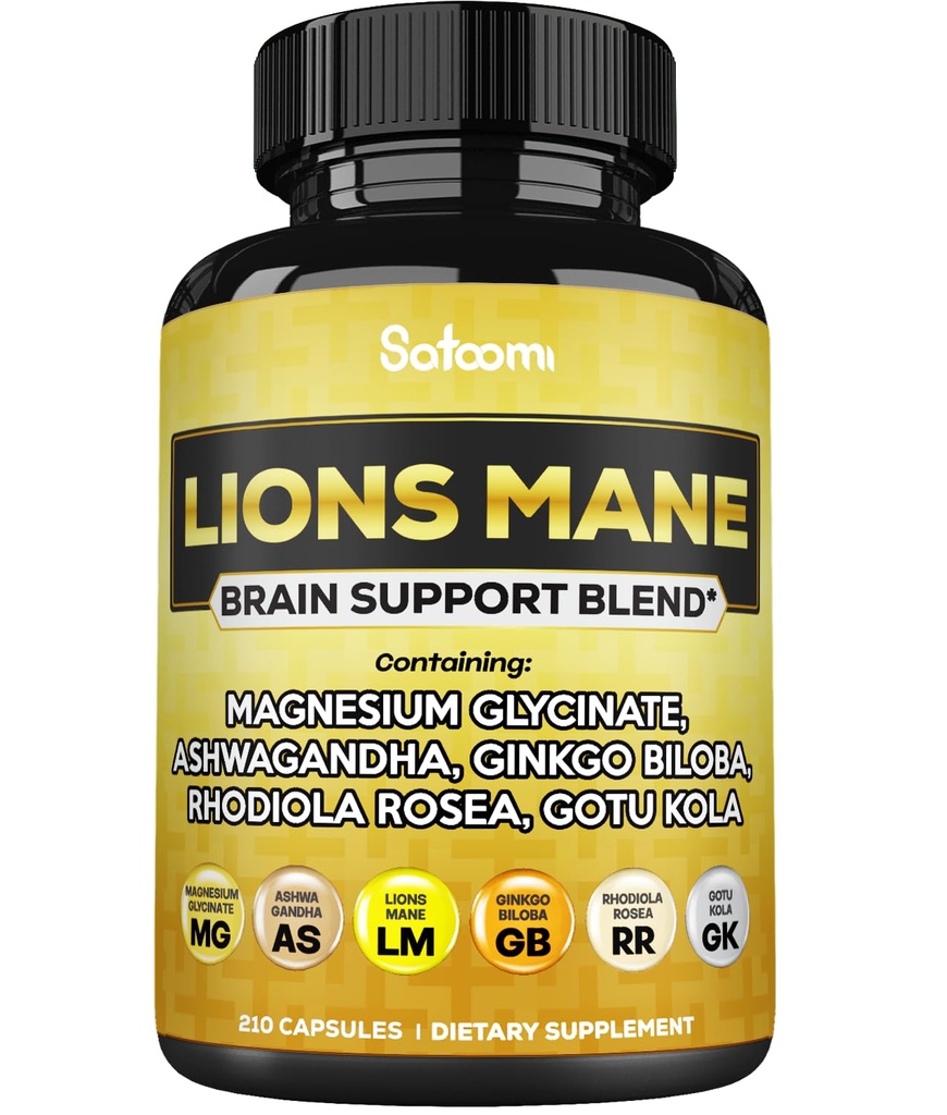 Lions Mane Supplement Capsules with Ashwagandha Root, Ginkgo Biloba, Rhodiola Rosea ve Gotu Kola - 210 Vegan Capsules - Support Brain Health, Pozitif Mood & Energy Production Production Production