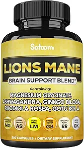 Lions Mane Supplement Capsules with Ashwagandha Root, Ginkgo Biloba, Rhodiola Rosea ve Gotu Kola - 210 Vegan Capsules - Support Brain Health, Pozitif Mood & Energy Production Production Production