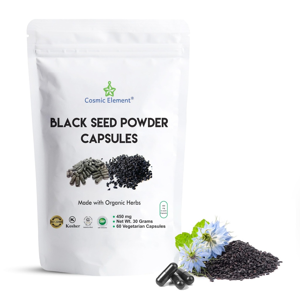 Cosmic Element 100% Pure Black Seed Toz Capsules Organik - Vegan Nigella Sativa 450 mg Black Cumin Tohumları Sağlık Için Hizmet Içinde - 60 Capsules