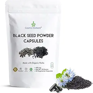 Cosmic Element 100% Pure Black Seed Toz Capsules Organik - Vegan Nigella Sativa 450 mg Black Cumin Tohumları Sağlık Için Hizmet Içinde - 60 Capsules