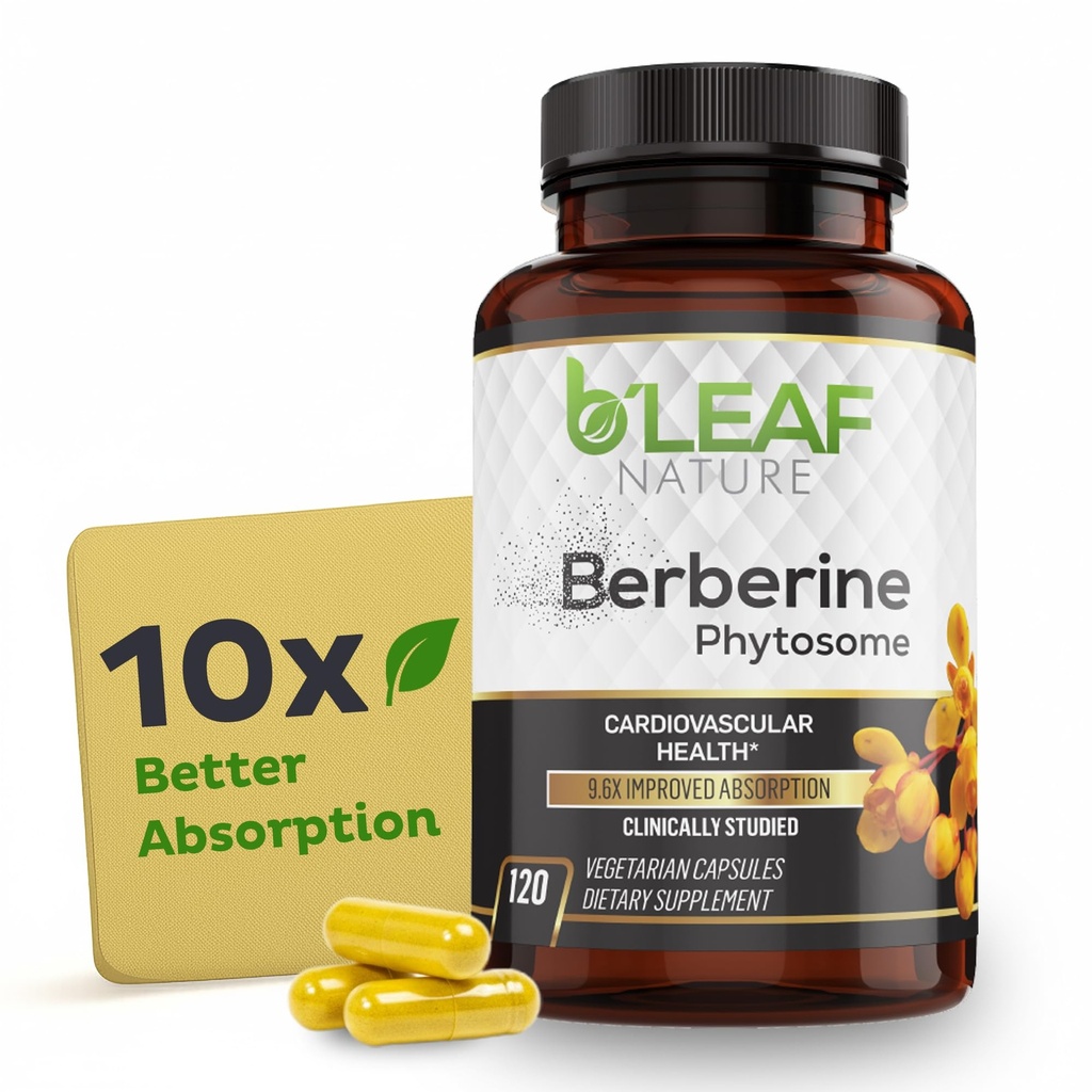 B'Leaf Nature Berberine Phytosome, 120 Capsules - Metabolik ve Cardiovascular Destek için 1100 mg Berberine Supplement - Vegan, Gluten-Free, Non-GMO Berberine Phytosome Capsules for Immune Wellness
