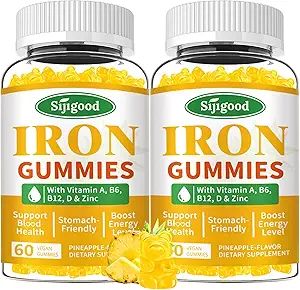 2 Πακέτο Iron Gummies για γυναίκες & άνδρες - Vegan Iron συμπλήρωμα για την Αναιμία και την Ανεπάρκεια του σιδήρου, με βιταμίνη Β12, βιταμίνη C, ψευδάργυρος, φολικό - Ενέργεια Boost, χωρίς ζάχαρη, ανανάς Γεύση, 120 Count