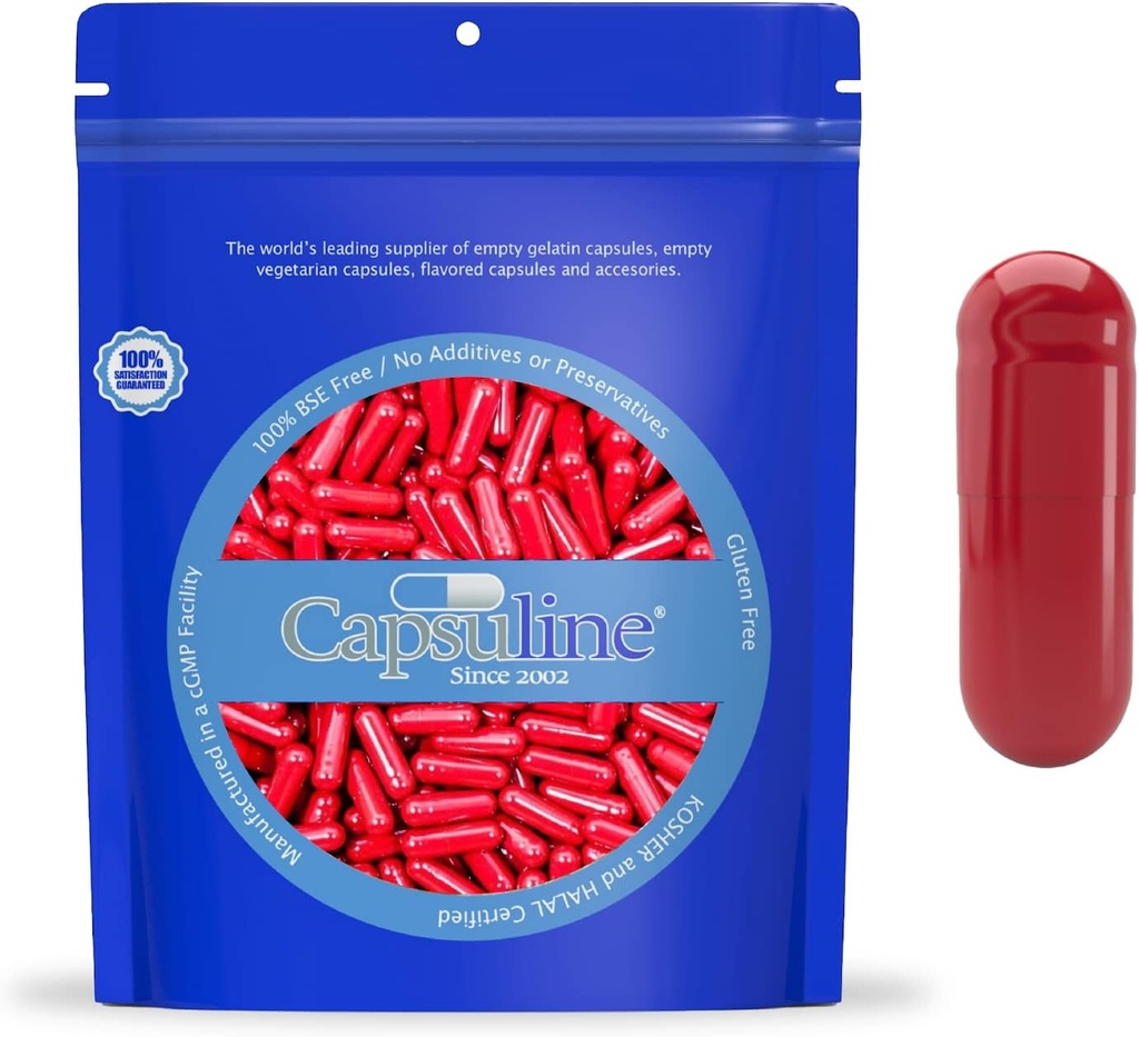 Capsuline Boyut 0 - Renkli Red Boş Gelatin Capsules - 500 Kont - Boş Gel Pill Capsules - DIY Pure Bovine Pill Capsule - Boş Caps - Kosher ve Halal Sertifikalı