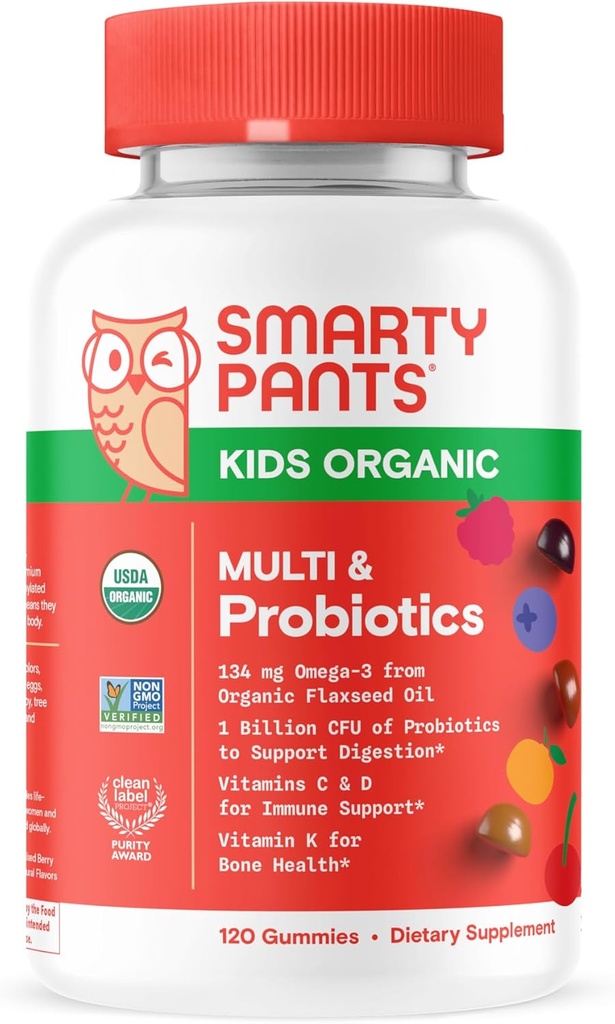 SmartyPants Organic Kids Multivitamin Gummies: Probiotics, Omega 3 (ALA), Vitamin D3, C, Vitamin B12, B6, A, K & Zinc για την ανοσοποιητική υποστήριξη, Biotin, Τρία Fruit Flavors, 120 Count (30 Day Supply)