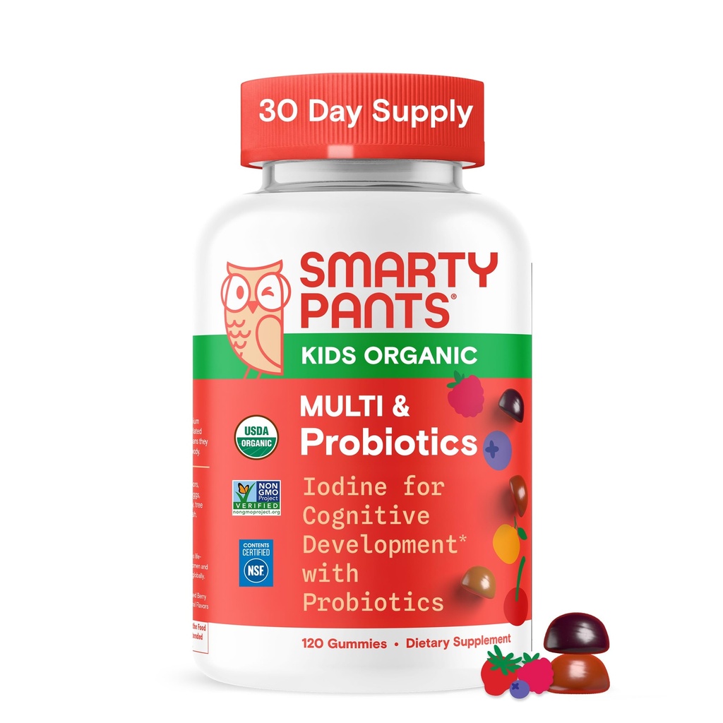SmartyPants Organic Kids Multivitamin Gummies: Probiotics, Omega 3 (ALA), Vitamin D3, C, Vitamin B12, B6, A, K & Zinc για την ανοσοποιητική υποστήριξη, Biotin, Τρία Fruit Flavors, 120 Count (30 Day Supply)