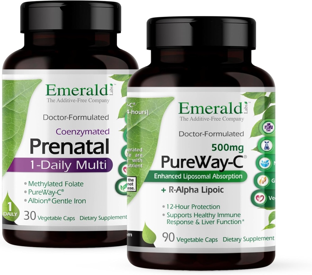 Emerald Labs Sche with Prenatal 1-Daily Multi (60 Veg Caps) & Pure Way-C (90 Veg Caps) - Prenatal Multivitamin with Me-Alpha Lipoic Acid*