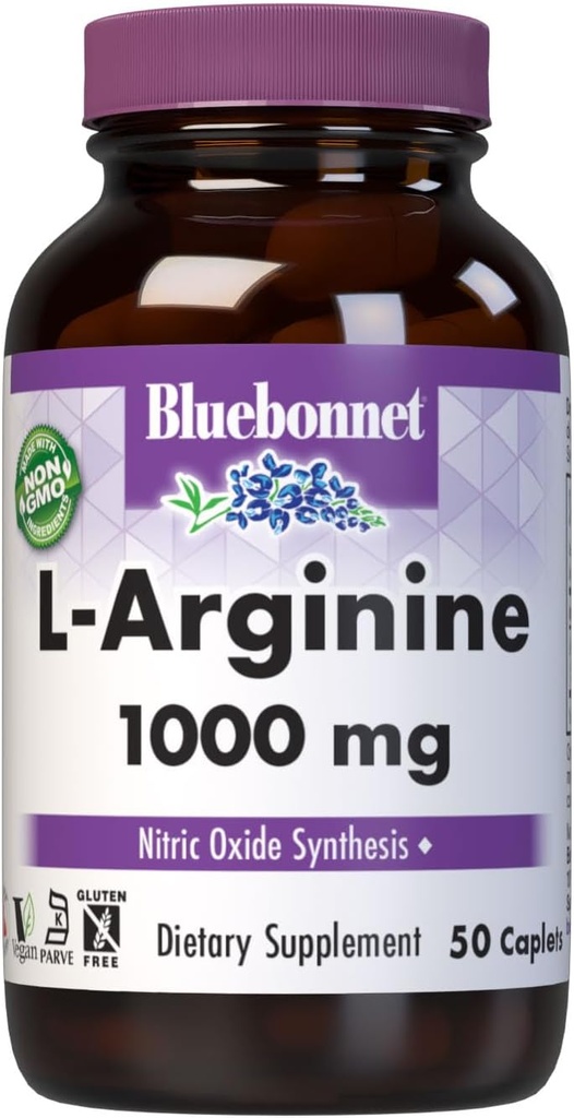 Bluebonnet Beslenme L-Arginine 1000 mg, Free-Form Asit, Nitrik Oksit Precursor, Gluten-Free, Non-GMO, Kosher sertifikalı, Vegan, 50 Caplets, 50 Hizmet