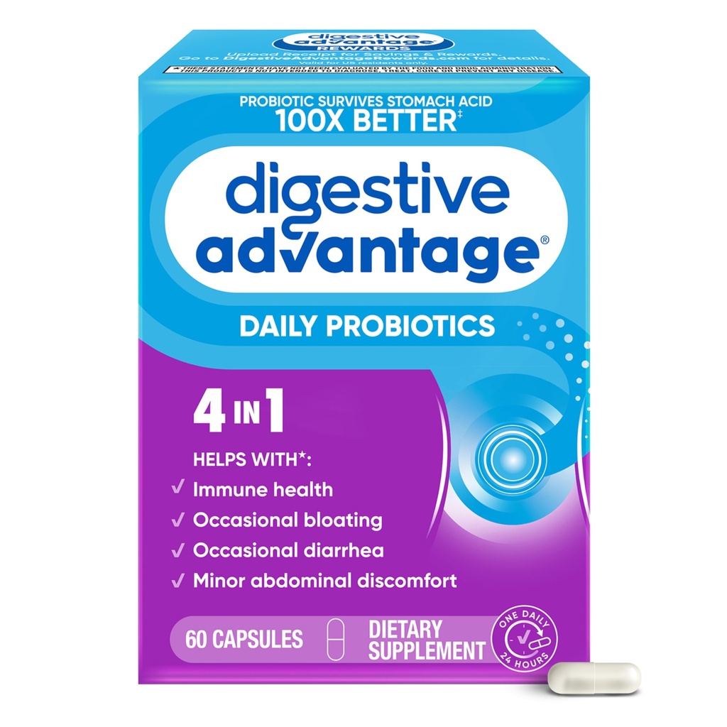 Digestive Health, Daily Probiyotiks for Women & Men, Supports Gut Health, Occasional Bloating & Diarrhea, Minor Abdominal Discomfort, ve Immune Support, 60ct Capsules