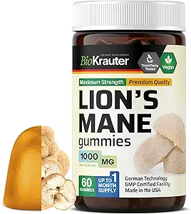 BIO KRAUTER Lions Mane Gummies for Yetişkinler - 1000 mg Strength - 60 Vegan Mushroom Supplement Chews - Lions Mane Supplement for Brain - Gelatine-Free