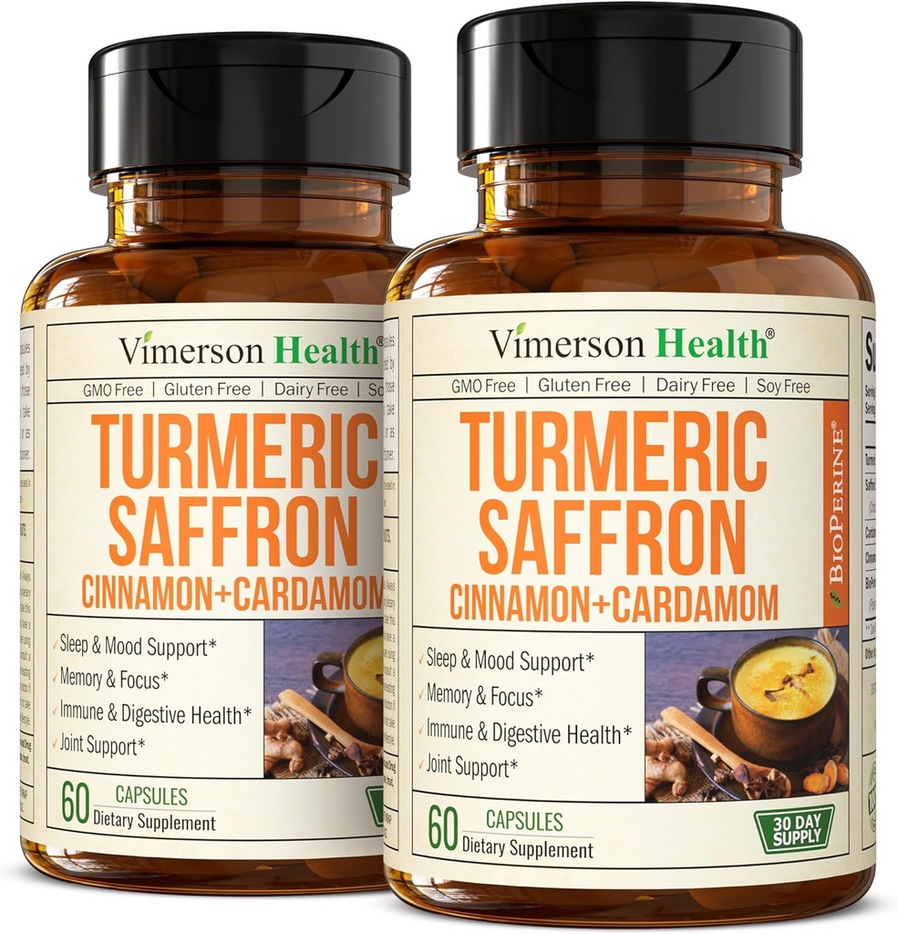 Saffron Supplements – 89 mg Saffron Ekstraksiyon ve 1000 mg Tumeric Mix – Turmeric Supplement with Ceylon Cinnamon and Cardamom for Mood, Memory & Eye Health – Women & Men için Ortak Supplements – 2 Pack