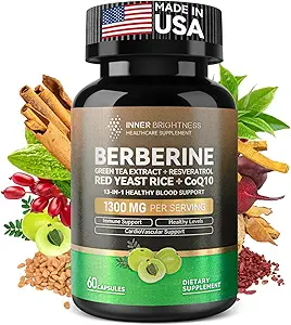 Berberine 1300mg with Green Tea Extract, Resveratrol, Red Yeast Rice & CoQ10 – 13-in-1 Immune Health, Natural Metabolic Support – 60 Capsules – Non-GMO, Lab Tested
