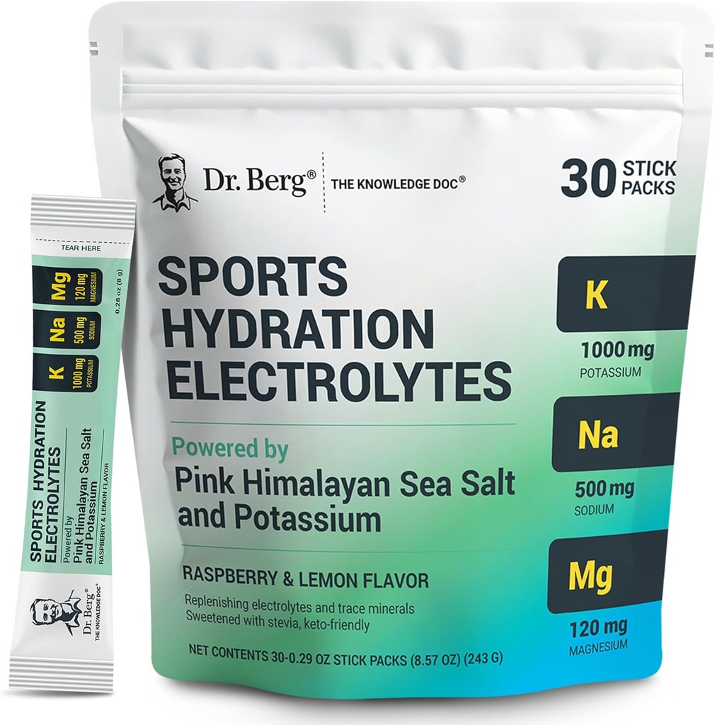 Dr. Berg Sports Hydration Electrolytes Powder w/More Salt (Pink Himalayan) - 30 Keto Electrolytes Powder Packets w/a Delicious Salty Raspberry & Lemon Flavor - Includes 1,000mg of Potassium