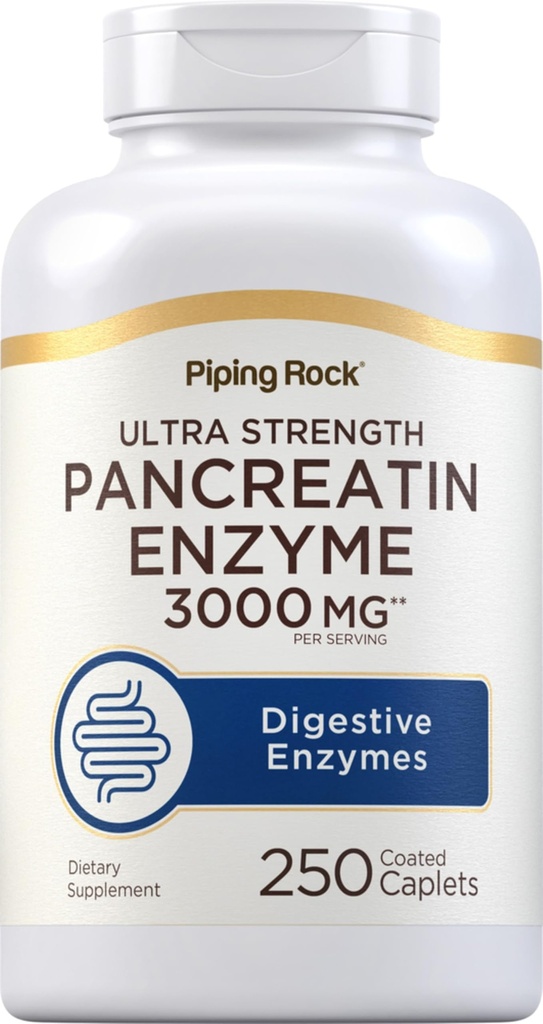 Piping Rock Pancreatin Digestive Enzymes | 3000 mg | 250 Caplets | Ultra Strength | Non-GMO, Gluten Free Supplement Supplement