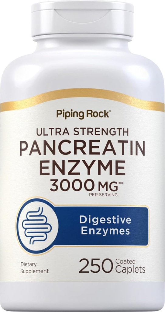 Piping Rock Pancreatin Digestive Enzymes | 3000 mg | 250 Caplets | Ultra Strength | Non-GMO, Gluten Free Supplement Supplement