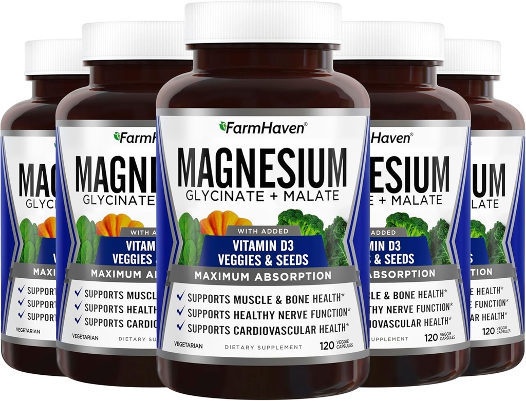 FarmHaven Magnesium Glycinate & Malate Complex w/ Vitamin D3, 100% Χηλικό για μέγιστη απορρόφηση, Vegan – Υγεία των οστών, νεύρα, μύες, 600 κάψουλες, 300 ημέρες