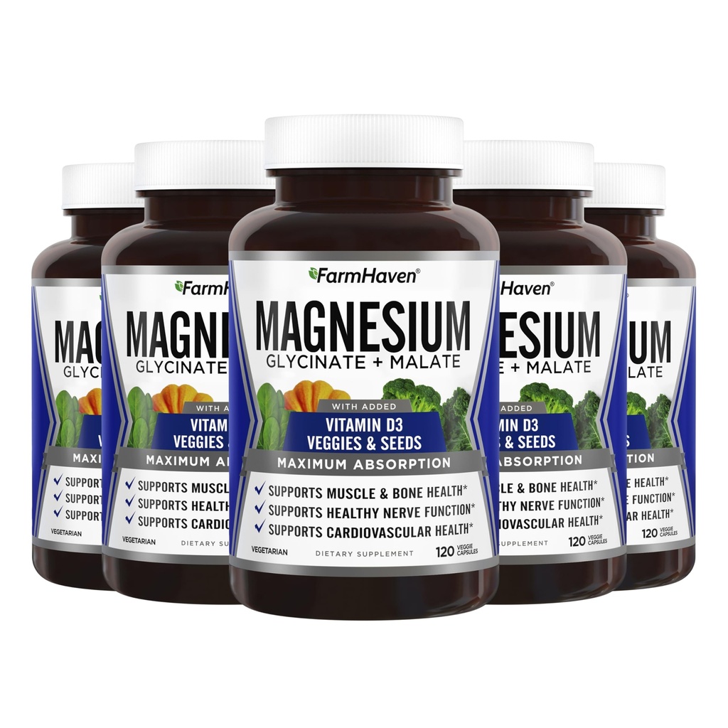 FarmHaven Magnesium Glycinate & Malate Complex w/Vitamin D3, 100% Chelated for Max Absorption, Vegan – Bone Health, Nerves, Muscles, 600 Capsules, 300 Days