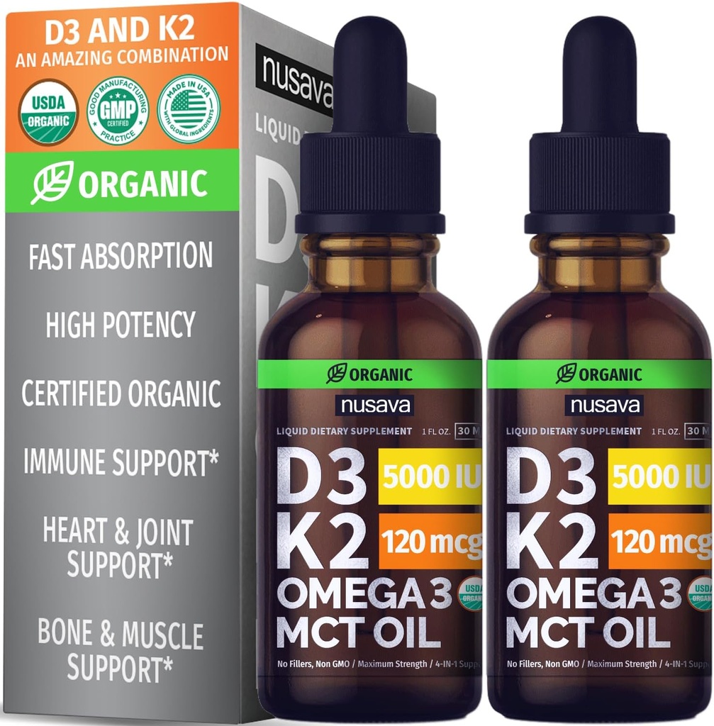 NUSAVA Βιταμίνη B12 Υγρές σταγόνες, Άγευστα D3 K2, & Chlorophyl Bundle - Ισχυρές Υγρές Βιταμίνες για την καρδιά, την ενέργεια, τον εγκέφαλο και το ανοσοποιητικό - Μη-ΓΤΟ, Χωρίς γλουτένη, 2pk το καθένα