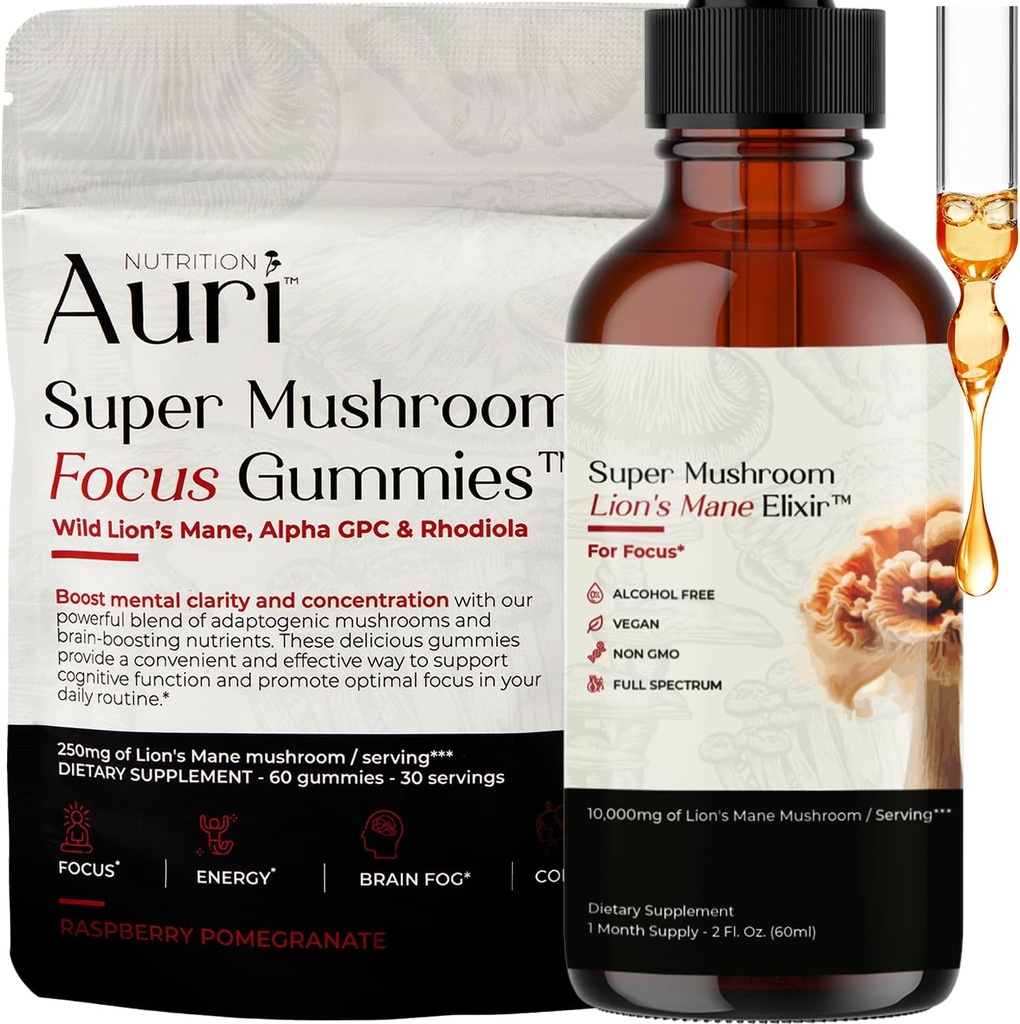 Auri Focus Gummies & Brain Boost Elixir Bundle - Super Mushroom Focus Gummies & Lion’s Mane Liquid Elixir - Συμπληρώματα Γνωστικής λειτουργίας & Διανοητικής Καθαρότητας - 60 Gummies and 60ml Elixir
