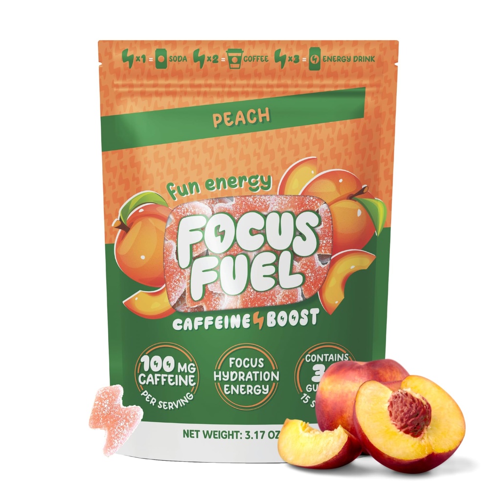 FocusFuel Enerji Chews – Peach Flavor (15 hizmet) – 100 mg Caffeine + Alpha GPC+ L-Theanine + B12, Magnezyum – Smooth Focus & Energy – No Crash or Jitters