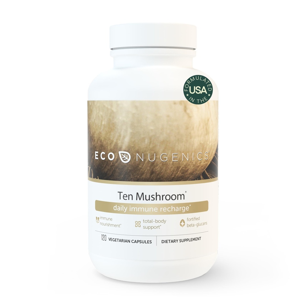 EkoNugenics Ten Mushroom Supplement: Daily Immune Support, 120 Capsules – Lion's Mane, Reishi, Cordyceps, Türkiye Tail – Enerji, Gut Health, Liver, Kidney, Cholesterol & Nootropic Brain Support